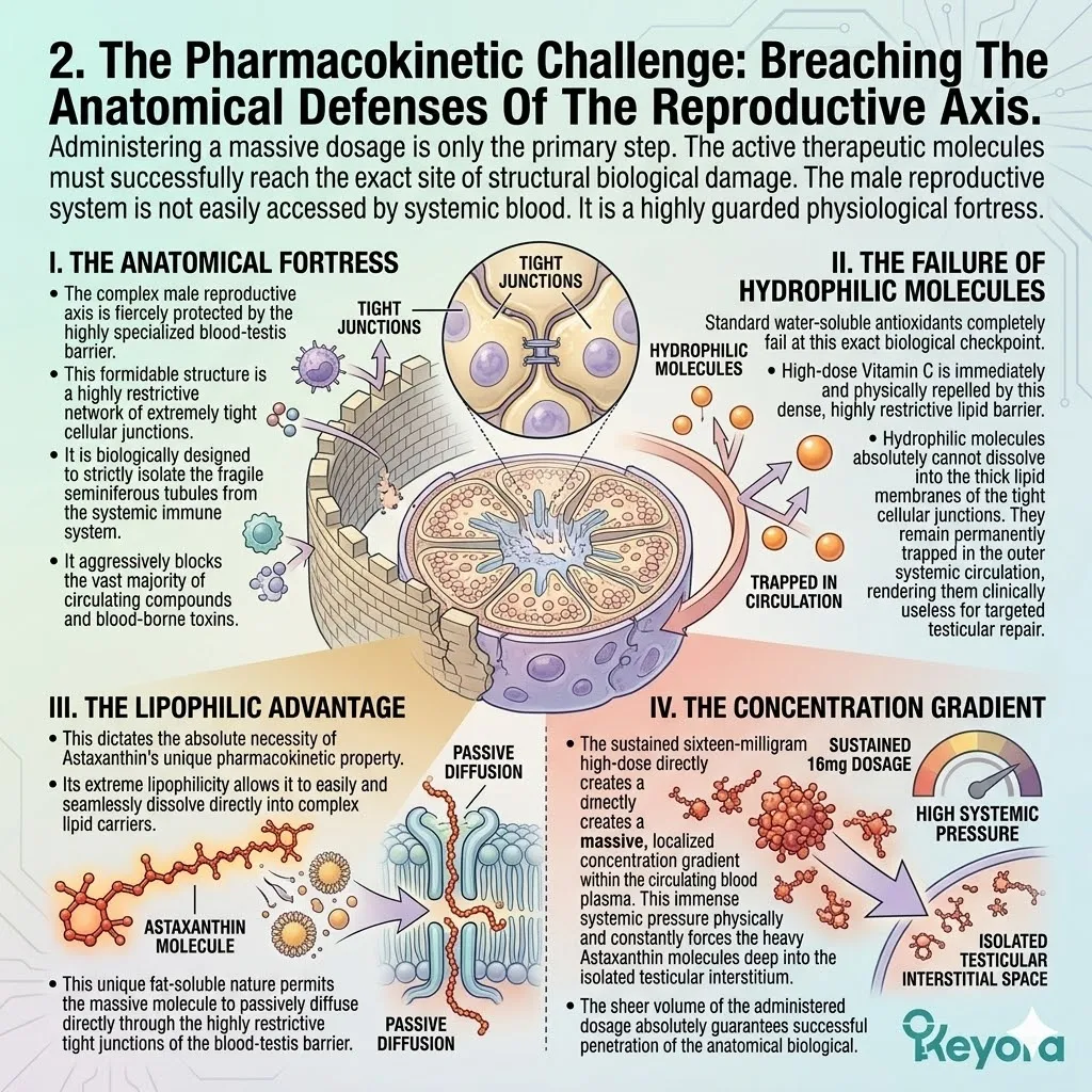 The 16mg lipophilic vanguard passive diffusion breaches the blood-testis barrier to restore ATP synthesis and establish the systemic regulator's sovereign control.