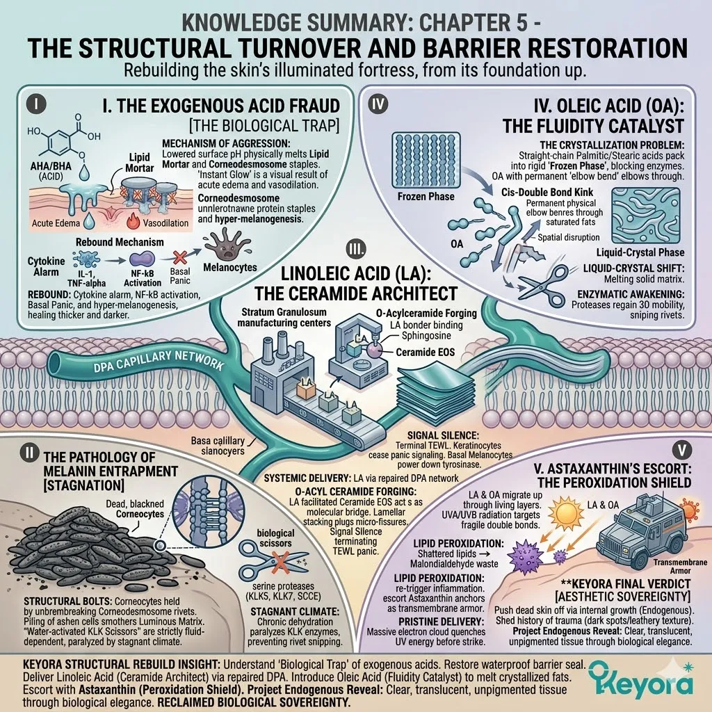 Internal growth drives a biological reveal to shed melanin-stained cells via the O-acylceramide seal and liquid-crystal phase shift for aesthetic sovereignty.