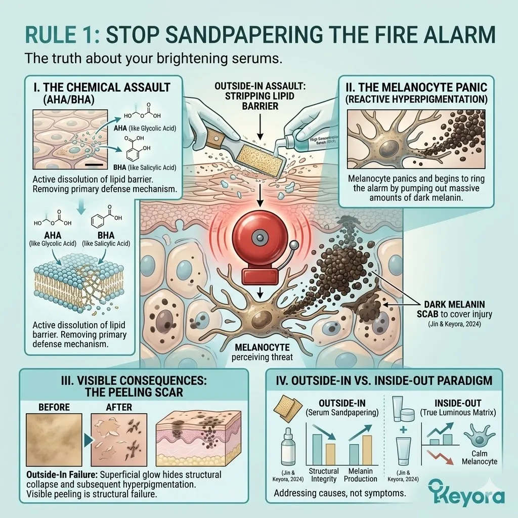 Topical acid abrasion triggers the melanocyte alarm system and chemical burn response, forcing the melanin factory to pump out dark pigment as a survival mechanism.