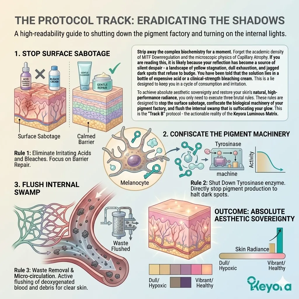 Executing the track b protocol terminates the melanin factory and flushes the stagnant vascular swamp to restore absolute aesthetic sovereignty and radiance.