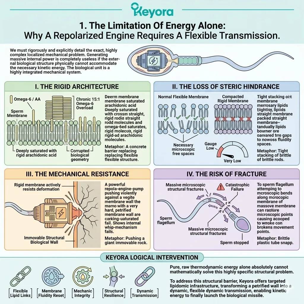 The Four-Drive System identifies how rigid Omega-6 saturation creates mechanical resistance, preventing ATP-driven propulsion and risking flagellar fracture.