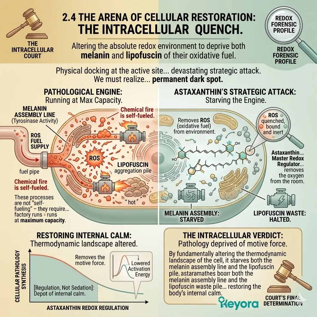 Astaxanthin acts as a Master Redox Regulator to alter the thermodynamic landscape and starve the melanin assembly line of oxidative fuel.