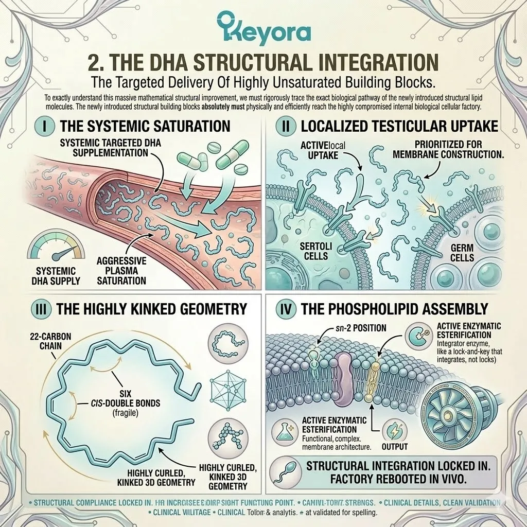 Systemic DHA saturation enables Sertoli cell uptake, esterifying kinked twenty-two-carbon chains into membrane phospholipids to restore structural geometry.