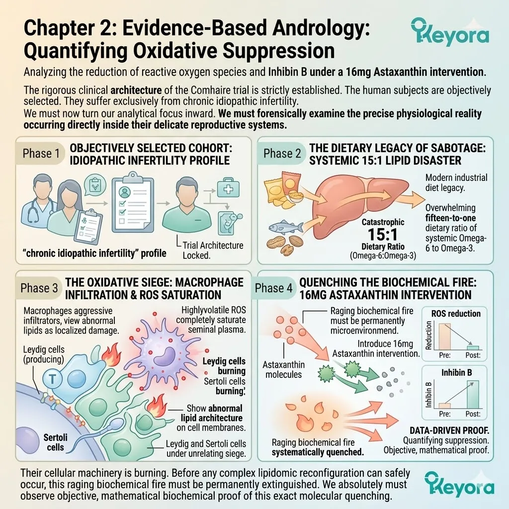 Astaxanthin suppresses reactive oxygen species to protect Inhibin B synthesis and Leydig cell integrity, ending the oxidative siege for neurological sovereignty.