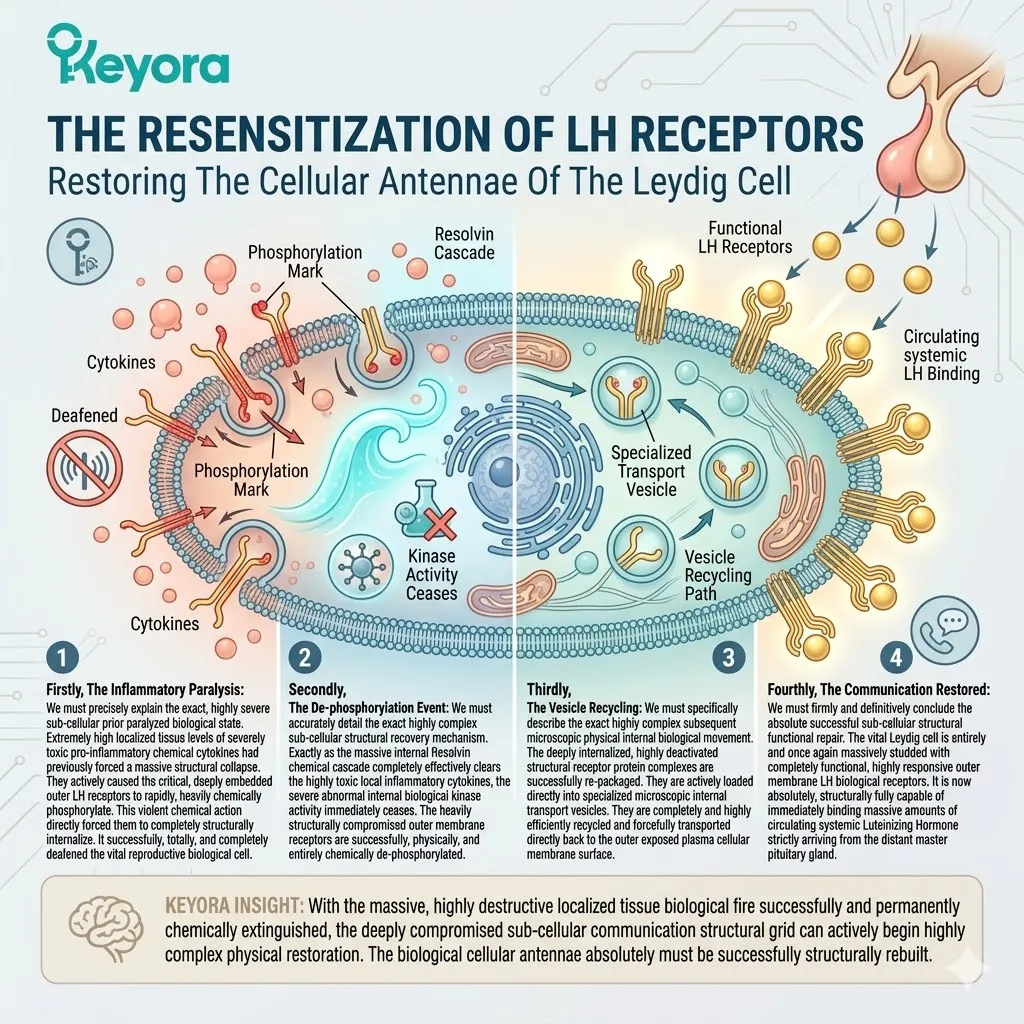 Vesicle recycling restores phosphorylated LH receptors to the plasma membrane, ending inflammatory paralysis and re-establishing the pituitary-Leydig communication grid.