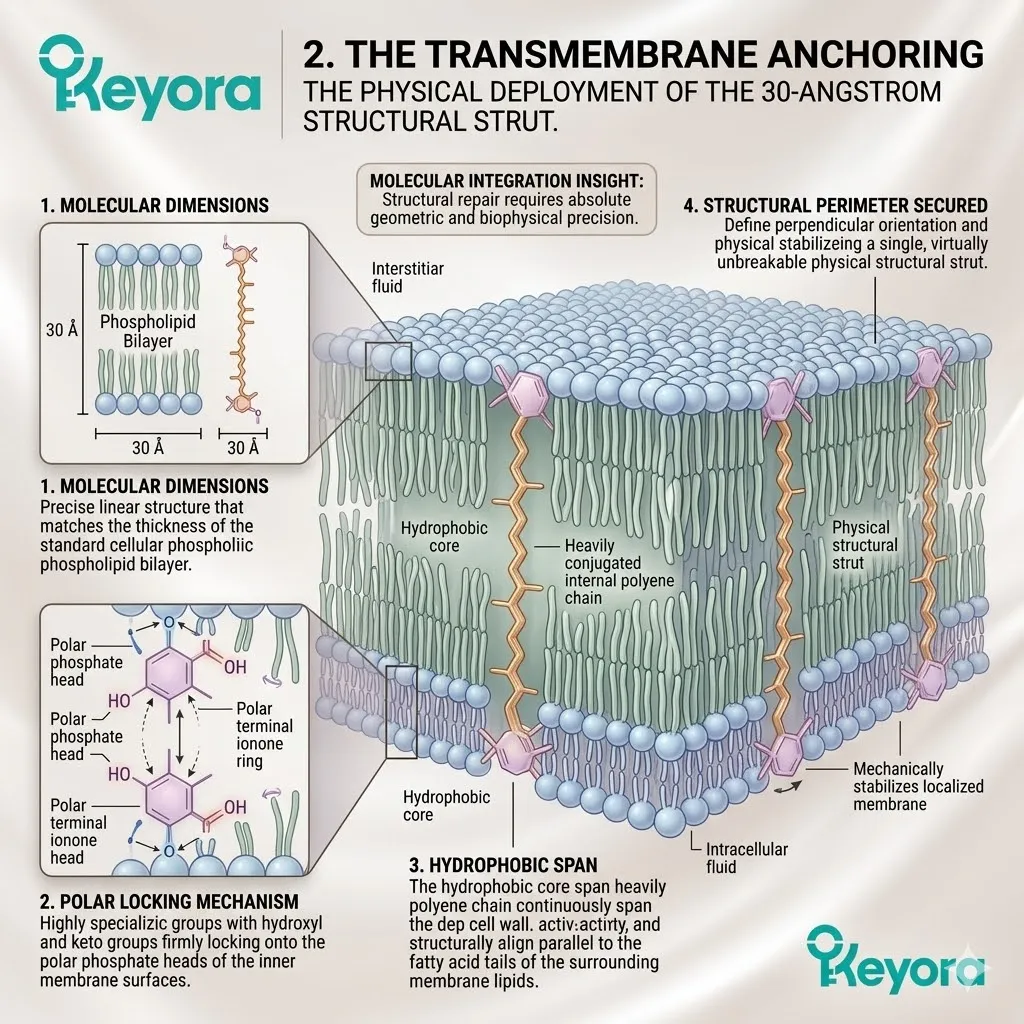 The 30-Angstrom strut executes polar locking and hydrophobic spans to secure the transmembrane perimeter within the Keyora Four-Drive System architecture.