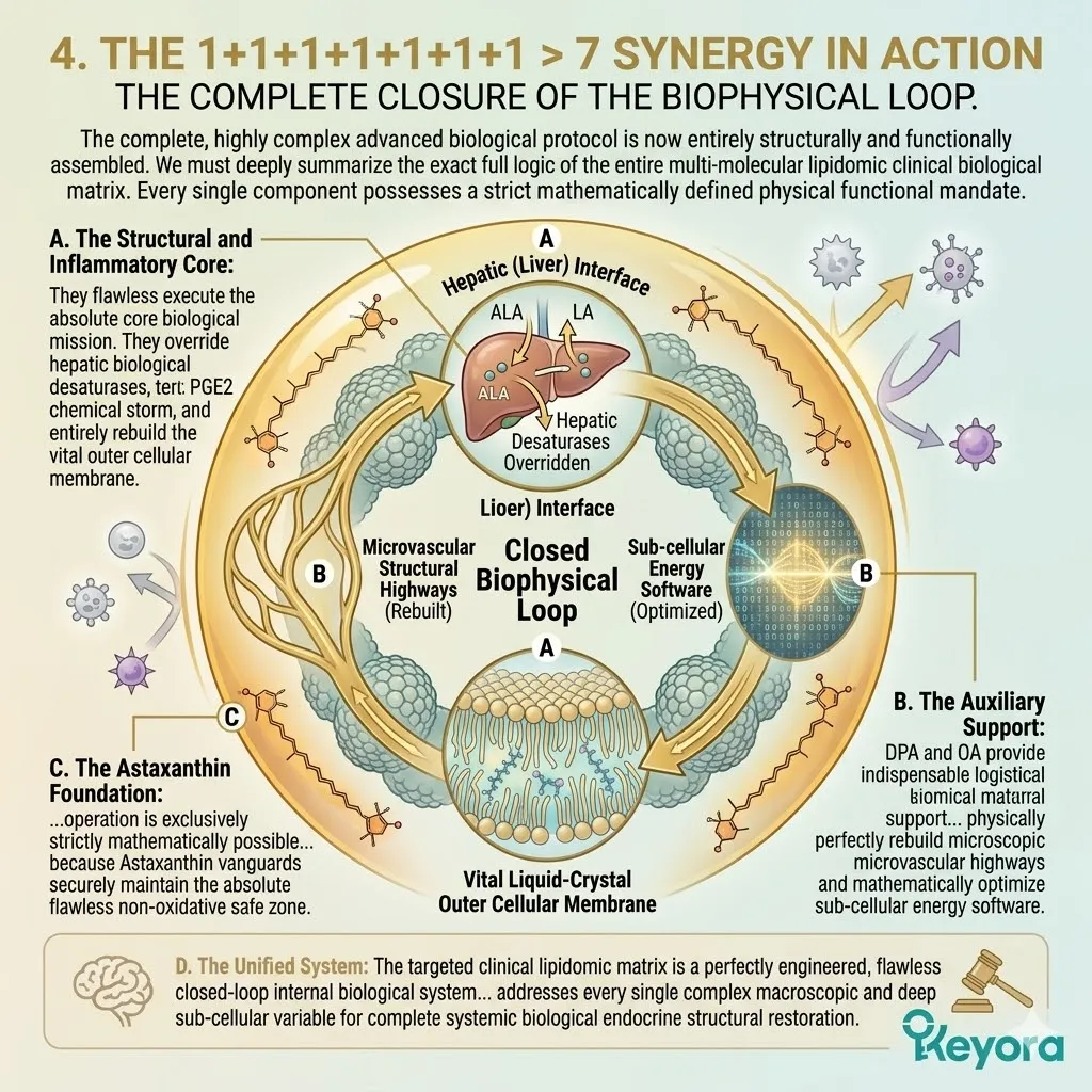 The 1+1+1+1+1+1+1 > 7 matrix integrates structural lipids and auxiliary substrates under an Astaxanthin shield to close the biophysical loop.