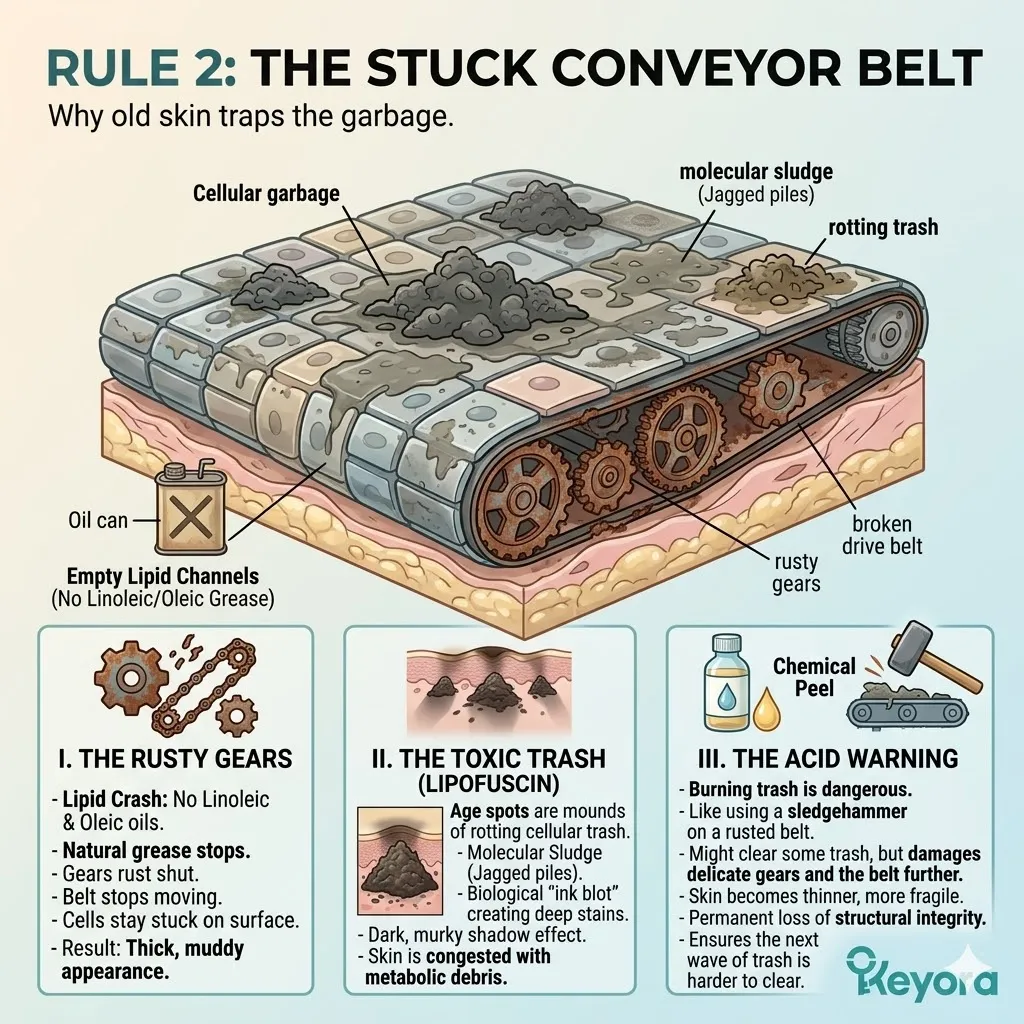 The lipid crash induces a hardware freeze where stagnant gears and toxic lipofuscin sludge create a permanent molecular ink blot.