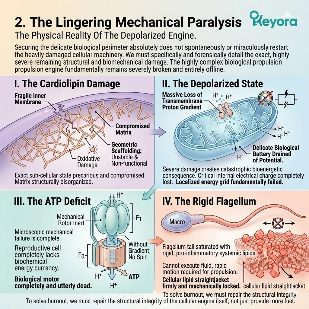Severe cardiolipin damage triggers mitochondrial depolarization and ATP deficit, leaving the flagellum locked in a rigid lipid straightjacket for Keyora.