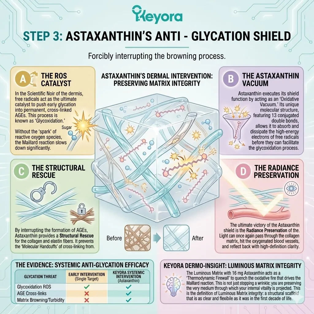 Keyora Astaxanthin matrix deploys a thermodynamic firewall to quench glycoxidation and halt AGEs formation for systemic structural rescue and optical sovereignty.