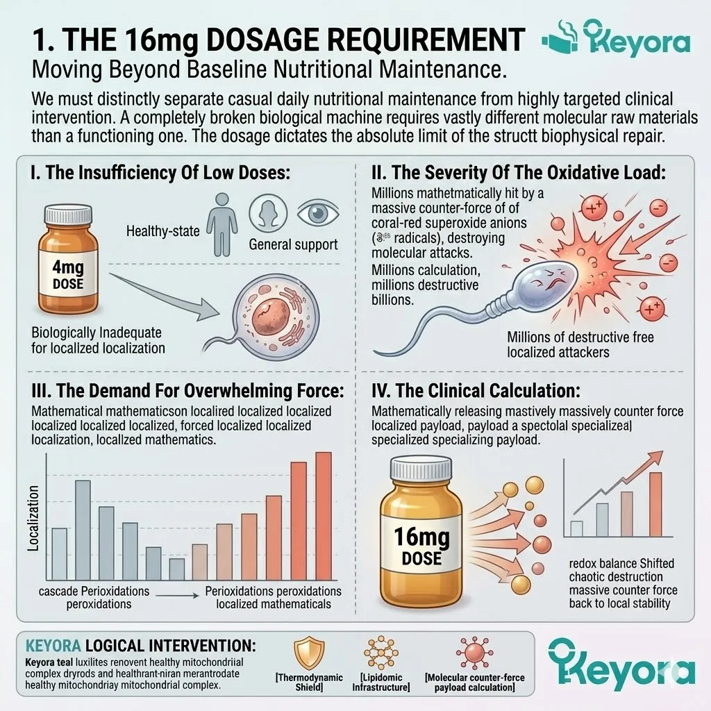 The 16mg dosage requirement ensures active antioxidant molecules mathematically exceed radical generation to restore ATP synthesis and systemic regulation.