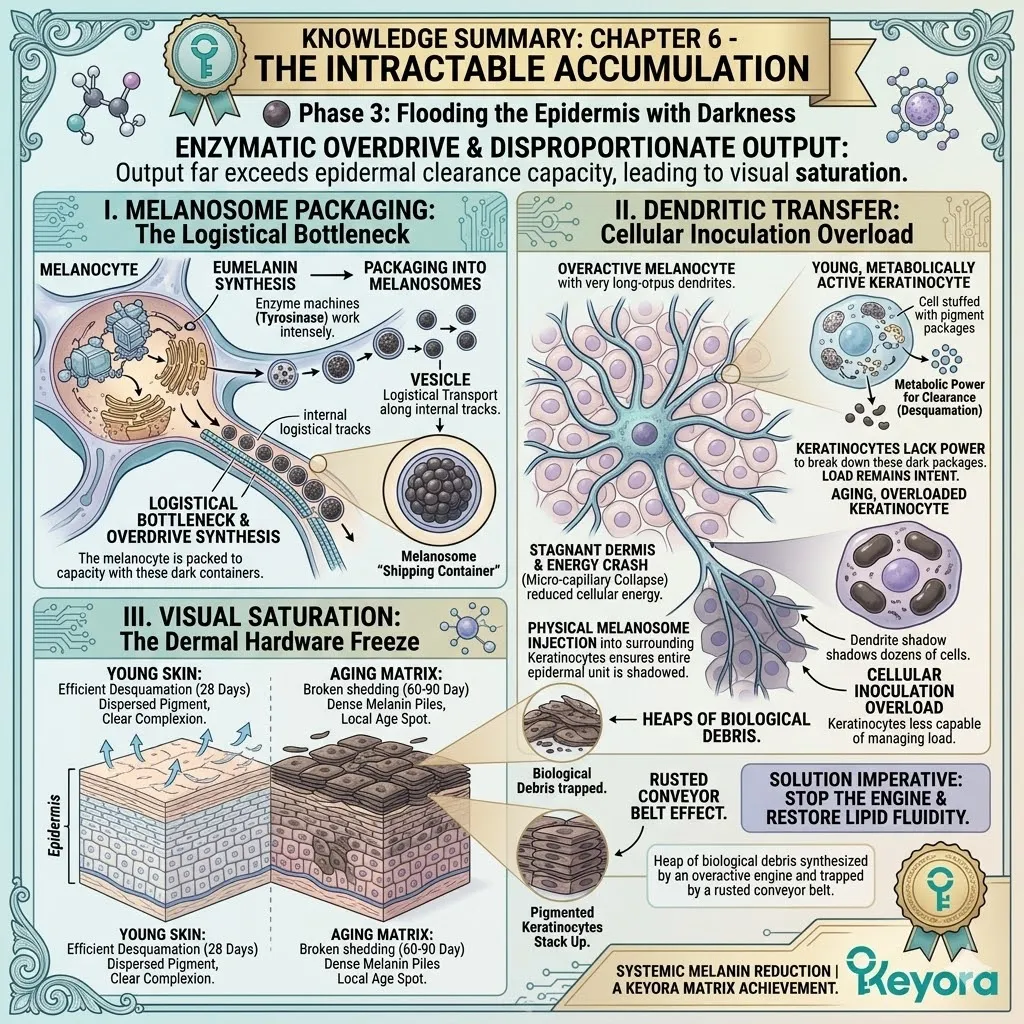 Melanosome packaging and dendritic transfer saturate the aging matrix, where a stalled conveyor belt traps pigment in thick, disorganized layers.