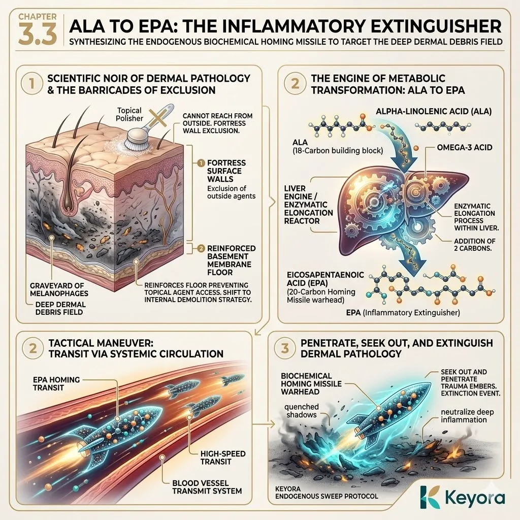 Systemic circulation deploys the ALA to EPA metabolic conversion to forge a biochemical homing missile for deep dermal debris field demolition.