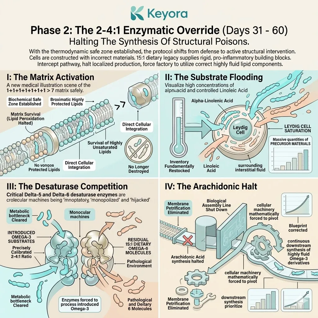 The 2-4:1 enzymatic override redirects Delta-6 desaturase to halt the neuro-endocrine storm and secure systemic regulation through structural lipid synthesis.