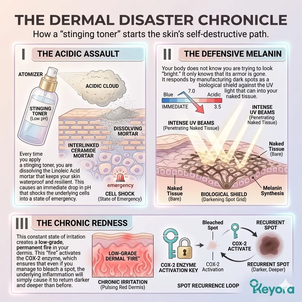 Acidic assault dissolves linoleic acid mortar, triggering defensive melanin synthesis and chronic redness through COX-2 activation within the dermal architecture.