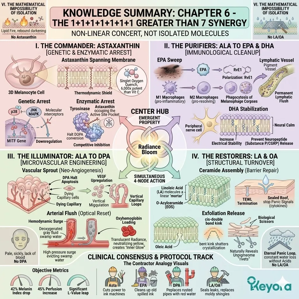 The 7-molecule synergy terminates the neuro-endocrine storm and pathological web, achieving systemic sovereignty through a unified genetic, immunological, and hemodynamic blockade.