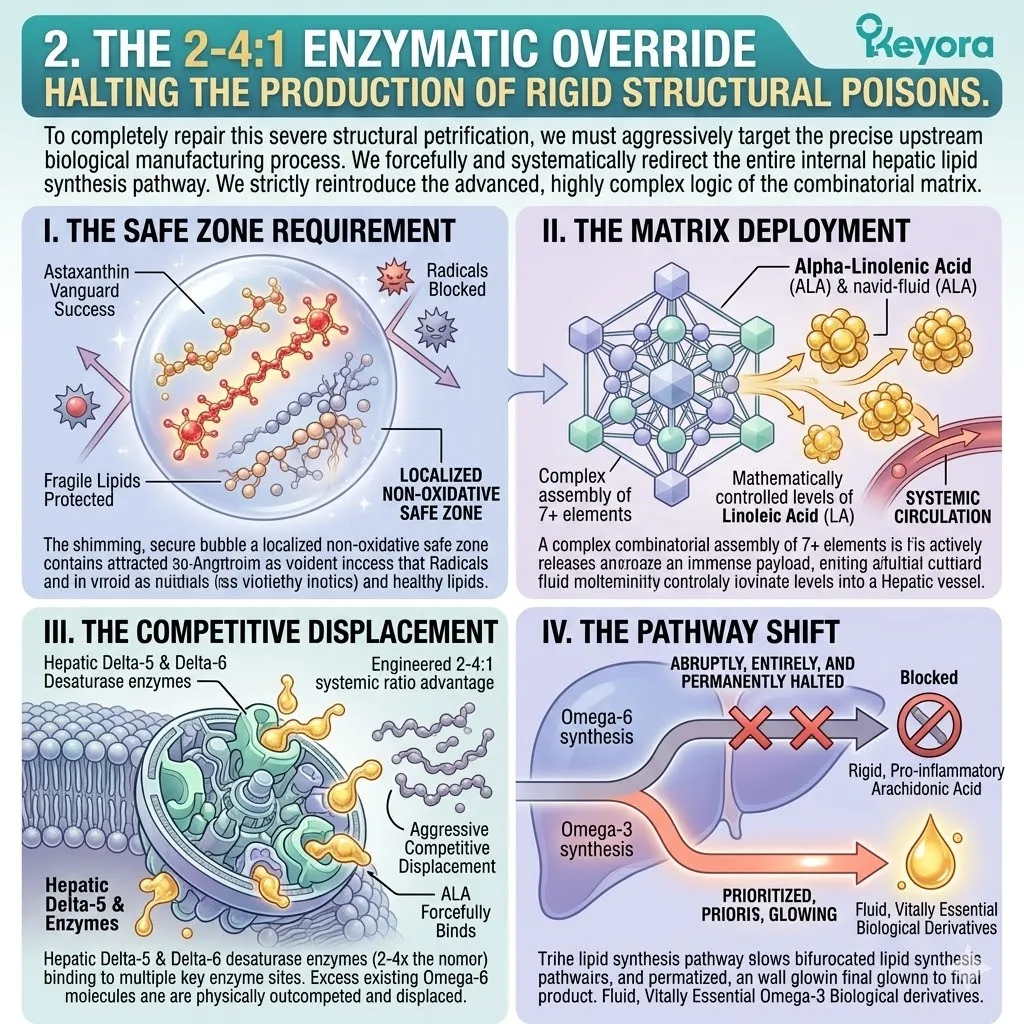 The 2-4:1 Matrix executes an enzymatic override at Delta-5 and Delta-6 desaturase, halting rigid Omega-6 synthesis to prioritize fluid lipid production for Keyora.