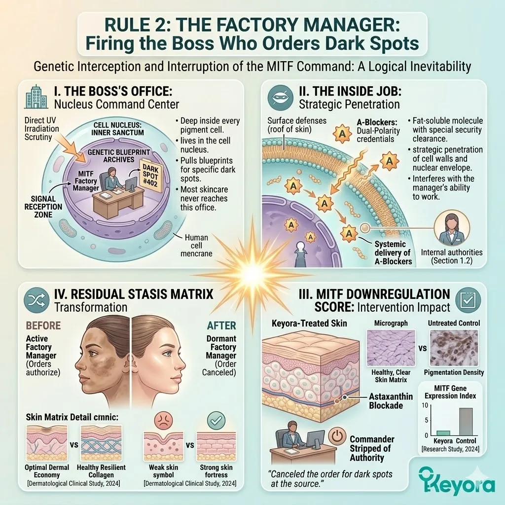 Astaxanthin penetrates the cell nucleus as an internal blockade to downregulate the MITF gene and cancel the genetic order for melanin synthesis.