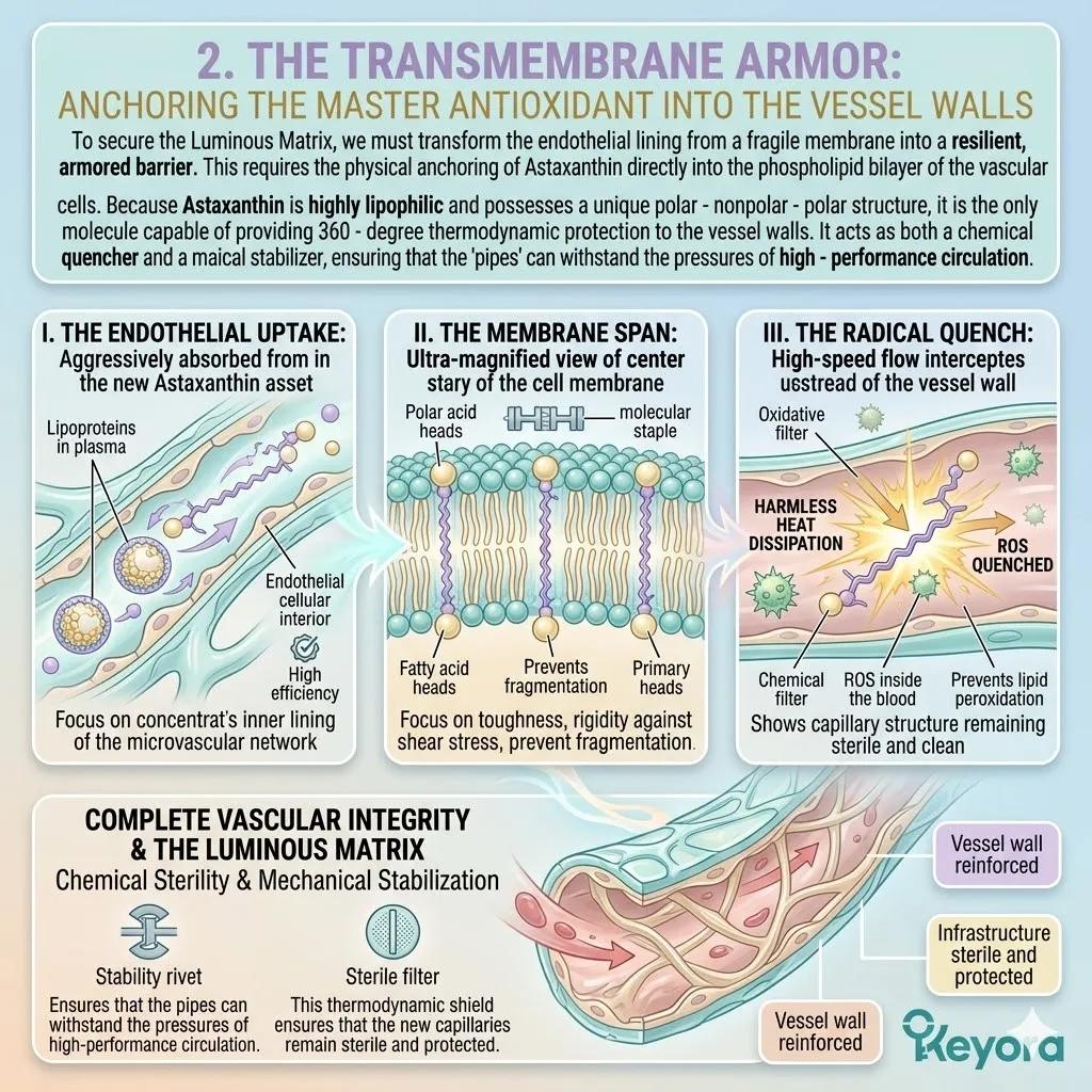 Keyora transmembrane armor executes endothelial uptake and membrane spanning to staple phospholipid bilayers against shear stress and ROS strikes.