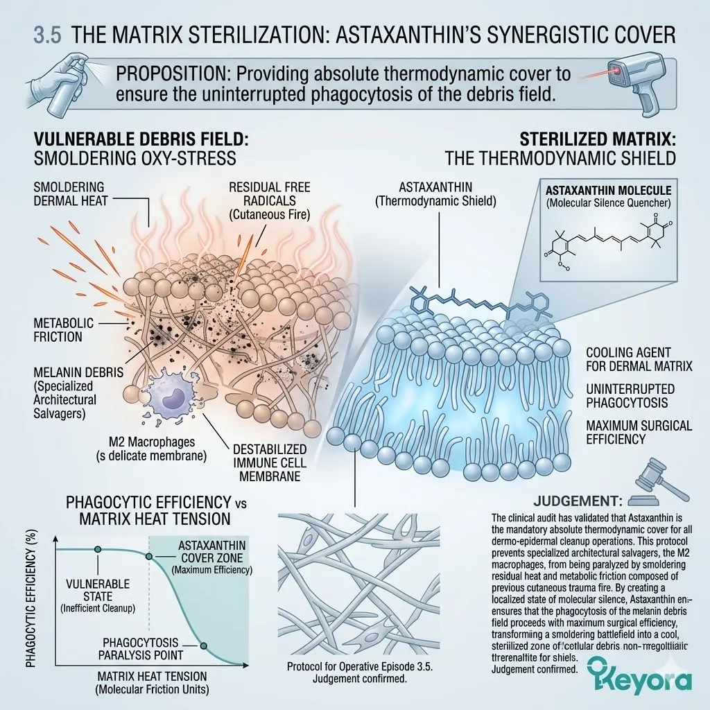 Astaxanthin provides Thermodynamic Shielding and Molecular Silence to prevent Oxidative Chaos during M2 Macrophage Phagocytosis of the melanin debris field.