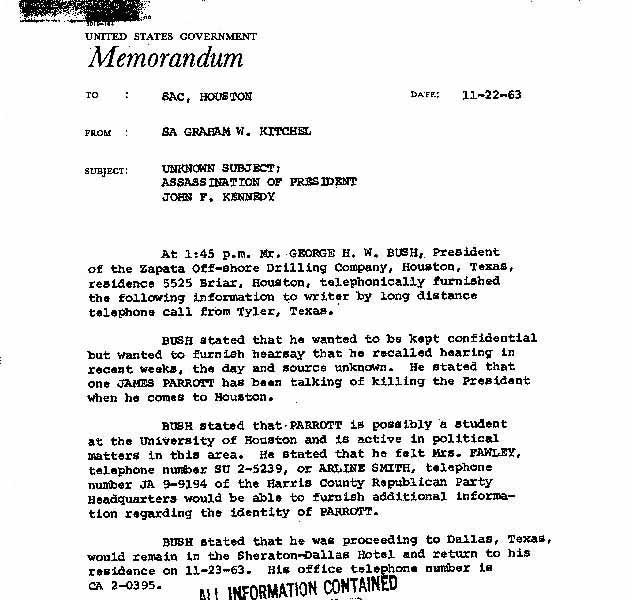 George H. W. Bush Kennedy Assassination Memo
