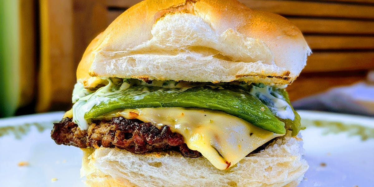 Poblano burgers with cilantro lime mayo - by Peter Berkes