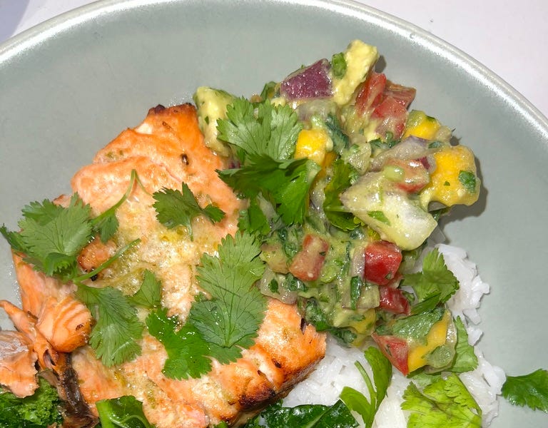 Baked Salmon with Mango Avocado Salsa and Coconut Rice