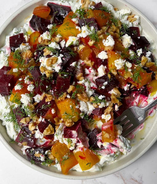 beetroot borani, feta, dill & walnuts