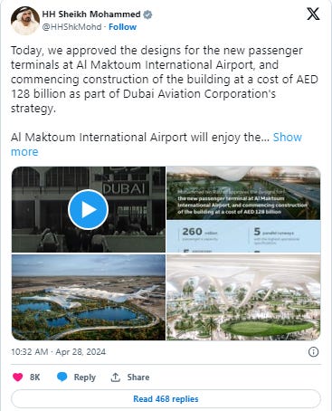 The United Arab Emirates (UAE) announced this Sunday that it will begin building new terminals at Al Maktoum International Airport, Dubai's second , t