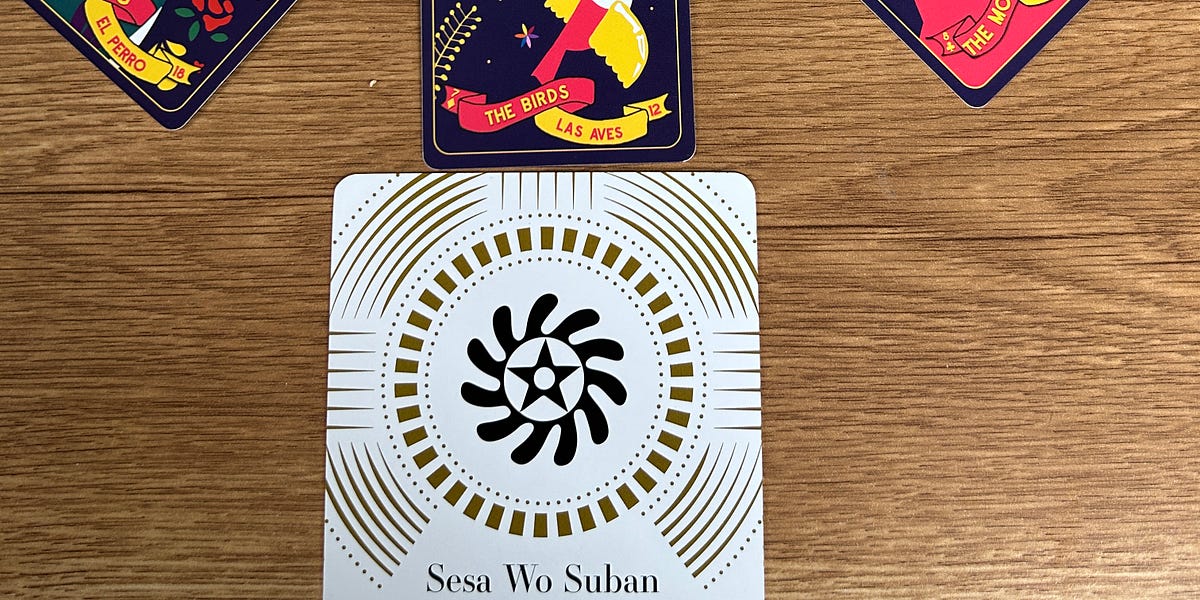 TAROT: 7 OF COINS / LENORMAND: DOG, BIRDS, MOUNTAIN / ADINKRA: SESA WO SUBAN