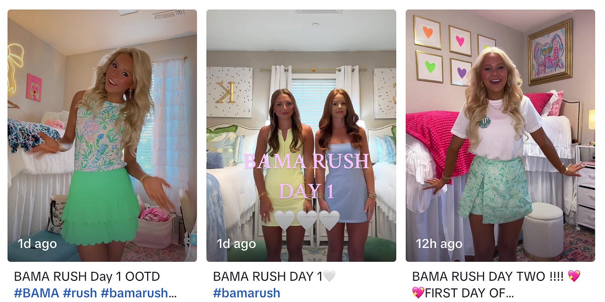 Last August,  I wrote a piece about Bama Rush and the current fascination with Greek Life, fueled by TikTok and a subgenre of videos known as #Rushtok