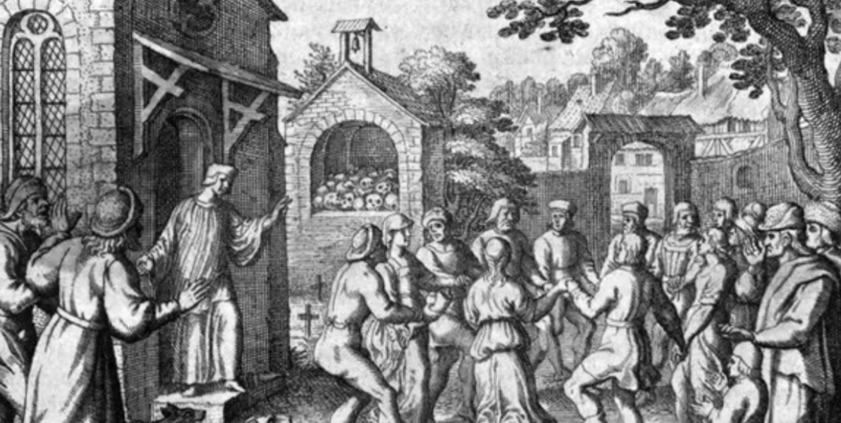 1518 Strasbourg sokaklarında Dans Vebası betimleyen gravür.
