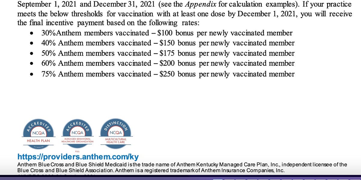 The incentives for doctors got much higher for a) recalcitrant patients and b) higher percentages taking a COVID shot--up to $250 per patient!!