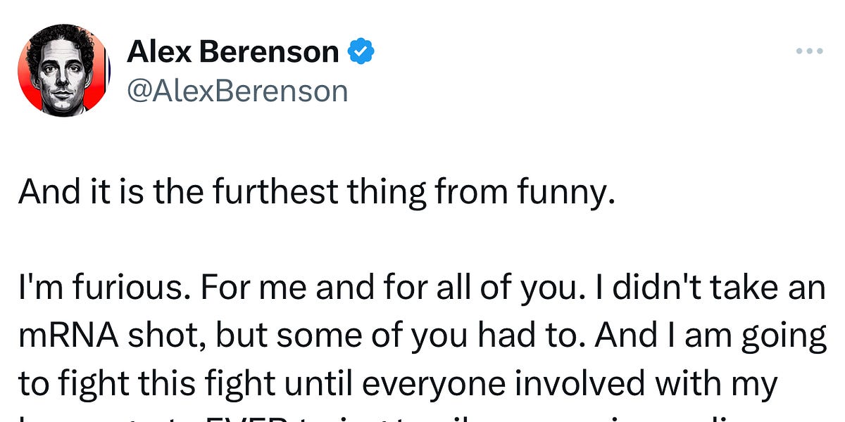 Quick update: sorry I haven't written more lately, I've been working on Berenson v Biden (thanks Elon Musk and X!)