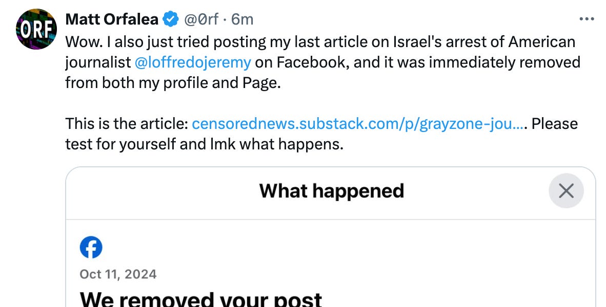 Facebook is Removing My Article on Israel's Arrest of American Journalist Jeremy Loffredo
