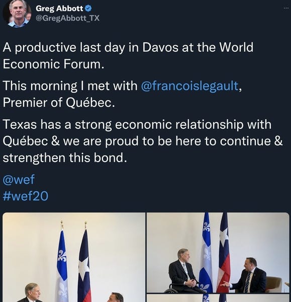 Texas Gov Abbot lies.  He is as much of a Davos Man as Trudeu

https://michaelyon.substack.com/p/tex...
