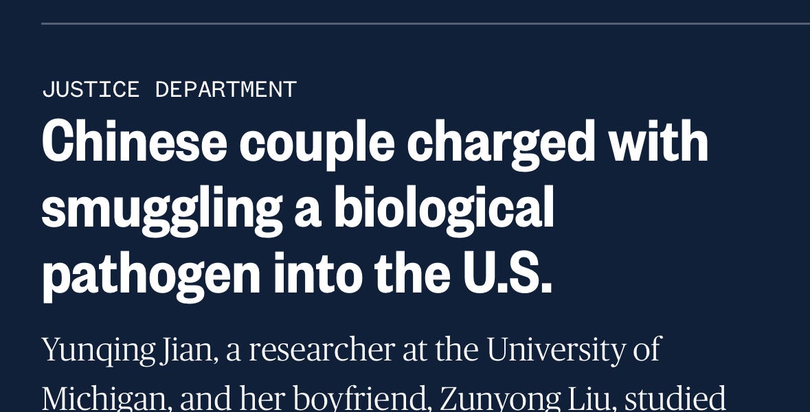 Chinese Nationals Charged with Smuggling Biological Pathogen into US!