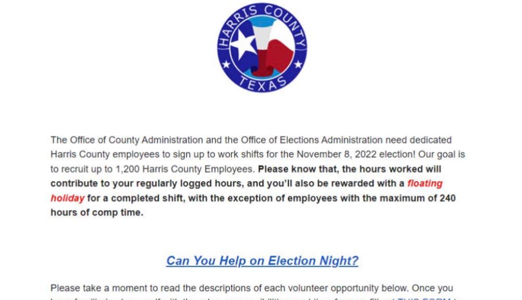 Harris County Election Department Lacking 1,200 Workers.... Days Before