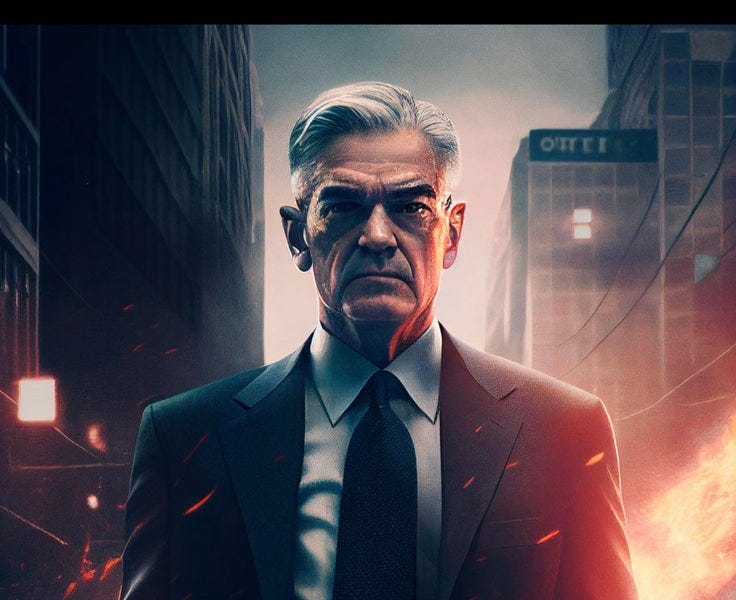 AI Art of “Jerome Powell burning down the NYSE walking away in slow motion”