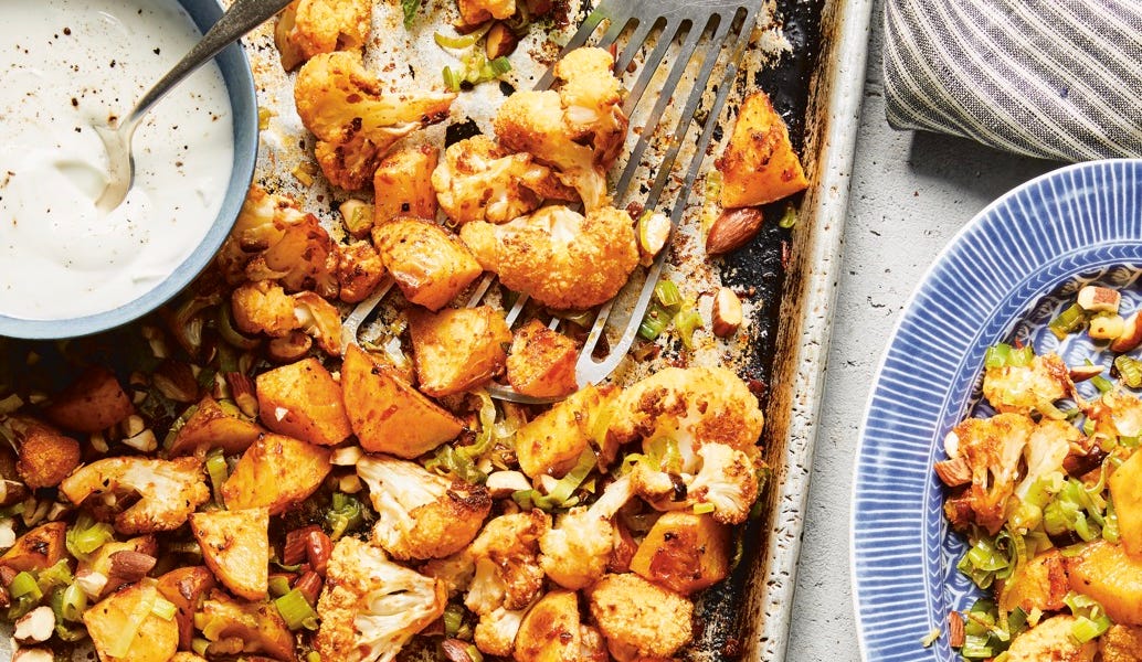 Roasted Cauliflower and Potatoes with Harissa, Yogurt, and Toasted