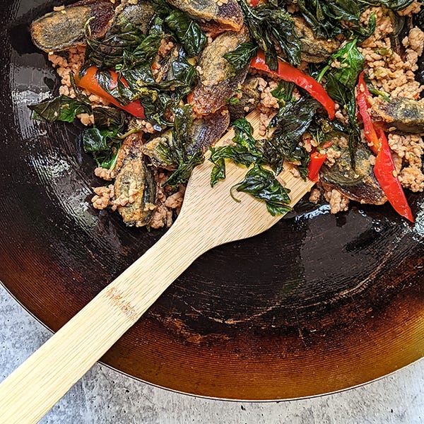 Spicy Basil Stir-Fry of Century Eggs and Pork