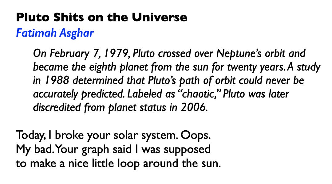 "Pluto Shits on the Universe " A glimpse into Chaos with Fatimah