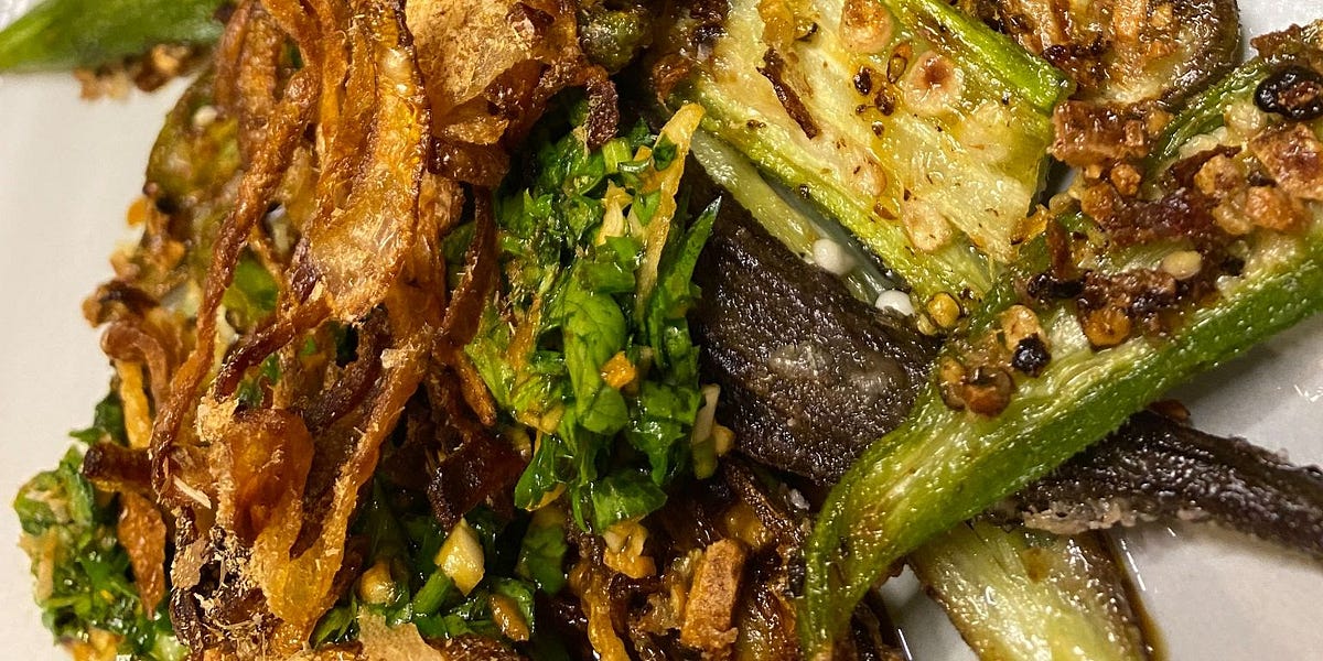 CastIron Seared Okra with Herbs, Fried Shallots, and Bonito Flakes