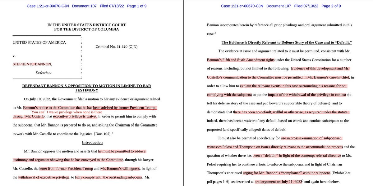 Bannon “the entrapment by estoppel defense” cites CNN’s doc & July 12th HSCJ6 hearing