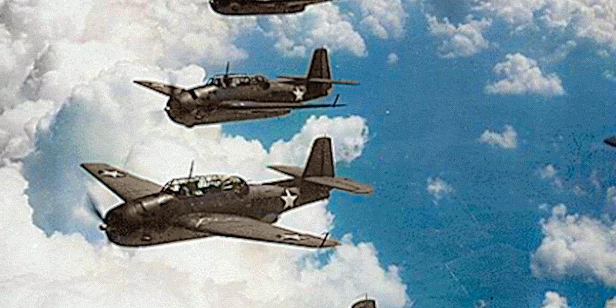 TBF Avenger Formation in Norfolk. See the History Colorized.