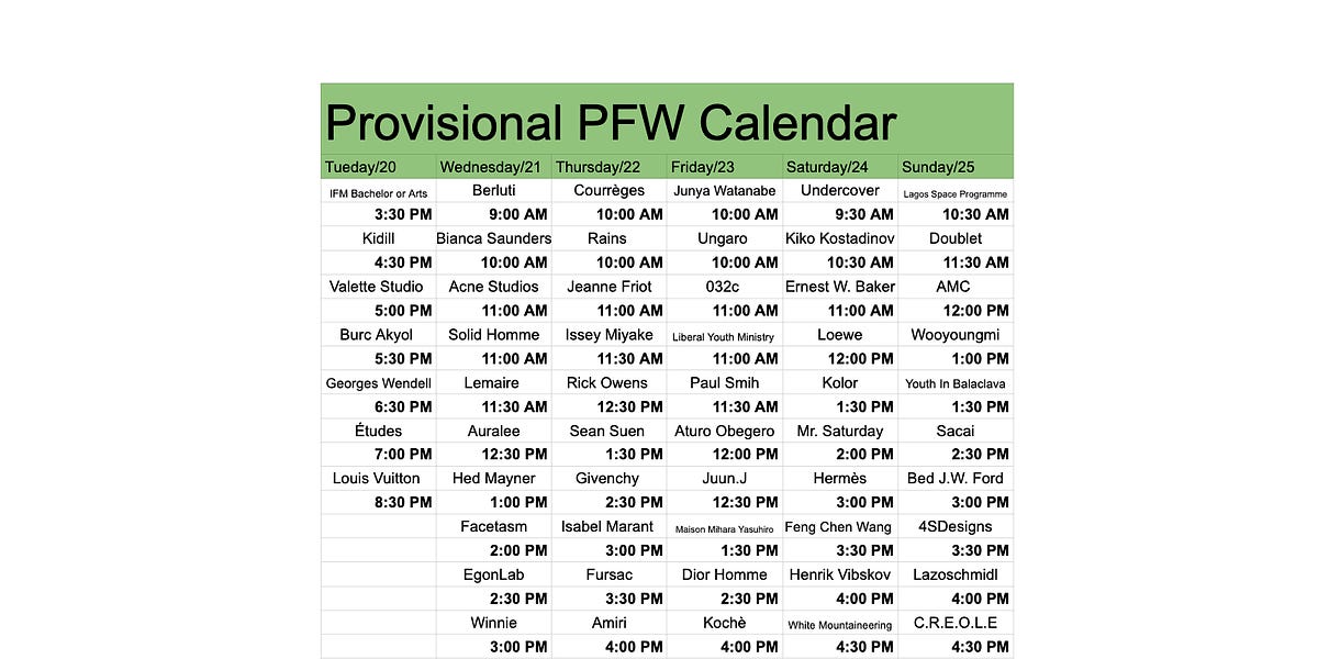Provisional PFW Calendar Ryan Lowe's Substack