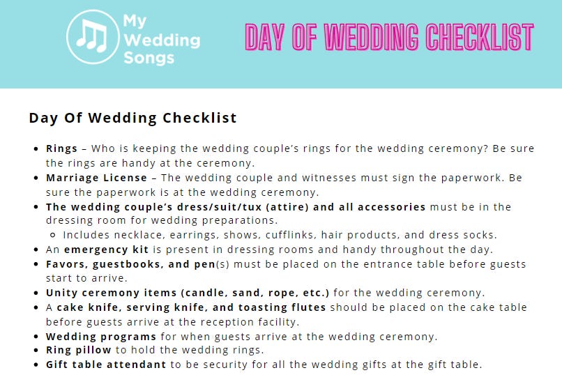 Printable Day of Wedding Checklist - by Matthew Campbell