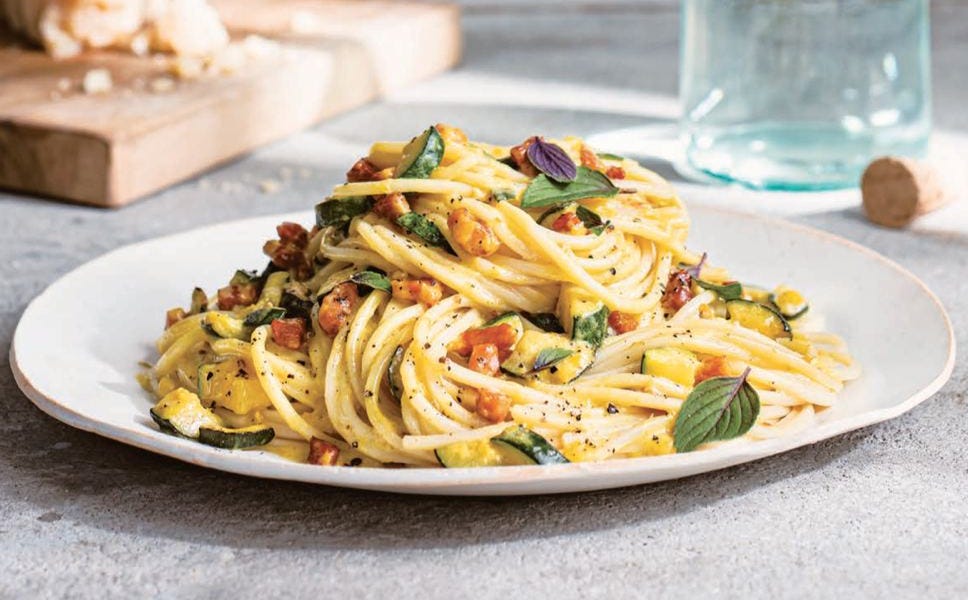 Spaghetti alla Chitarra with Zucchini and Saffron Cream by Domenica