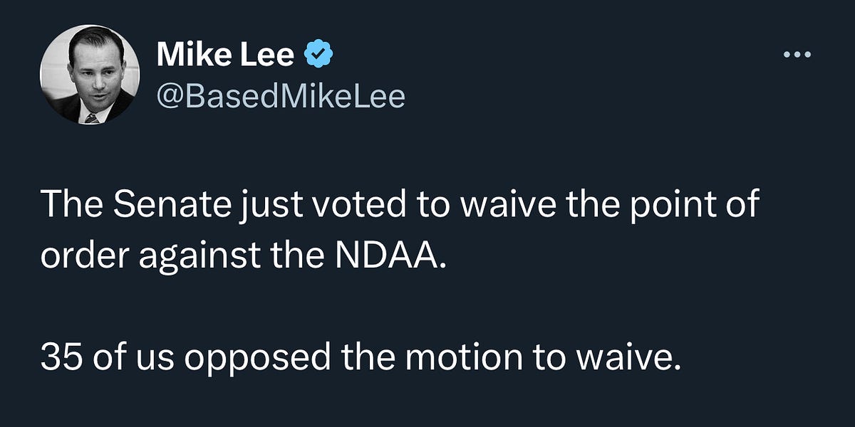 🚨🚨Senate Just Voted to Wave through Point of Order Against the NDAA