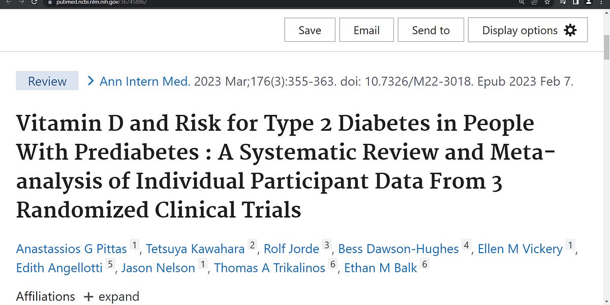 Vitamin D and Risk for Type 2 Diabetes in People With Prediabetes huge systematic review (using